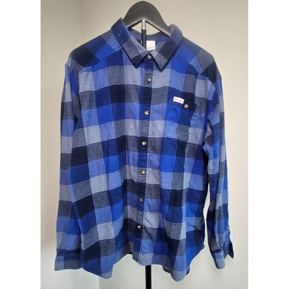 Columbia Flannel Shirt Mens XL Blue Plaid Button Up L/S Outdoor Cornell Woods